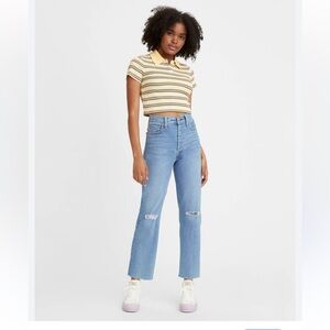 Levi’s Ribcage Straight Ankle Jeans Stretch Medium Blue Distressed Raw Hem 27
